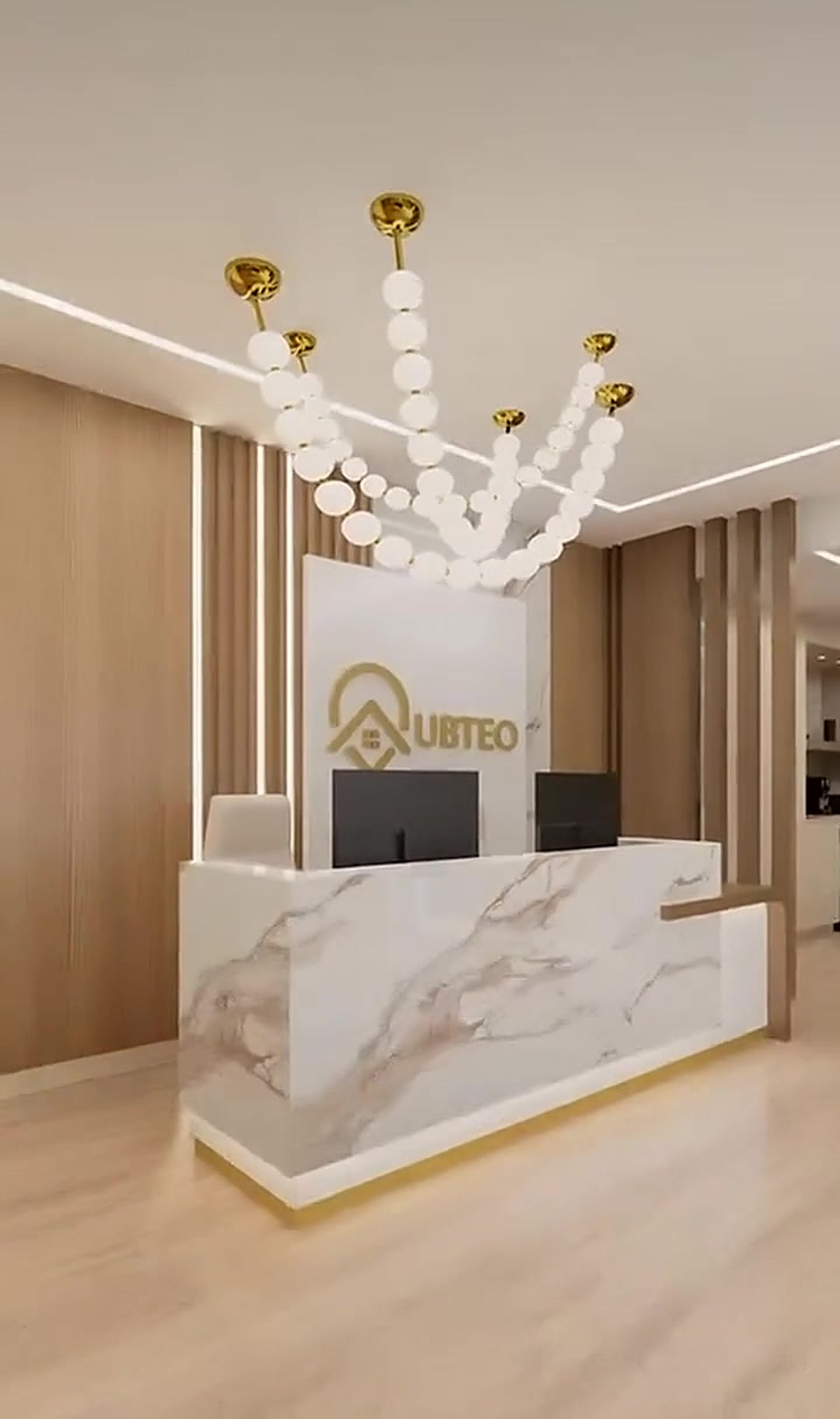 UBTEO reception with marble desk and gold logo